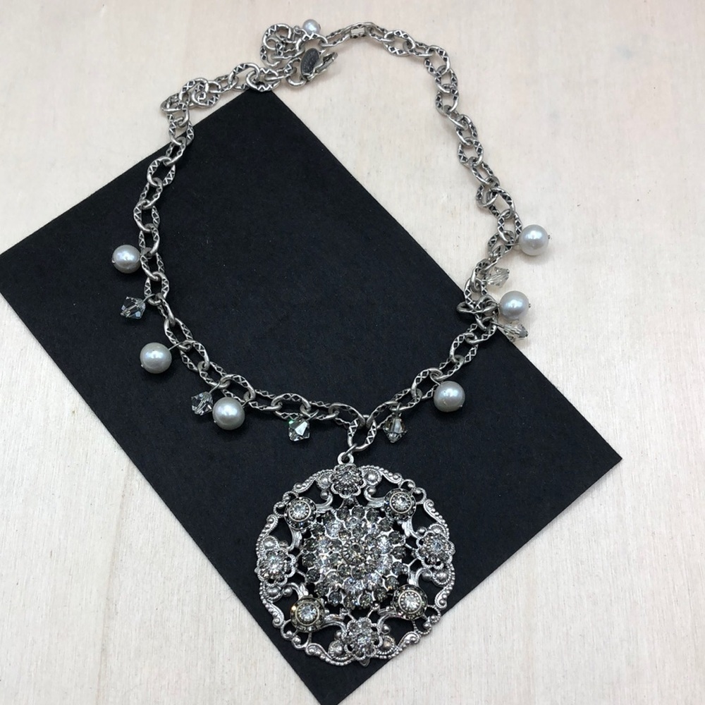liz palacios silver tone statement style crystal regal dressy medallion necklace